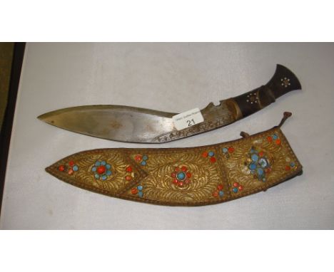 Vintage kukri knife with semi precious stone mounted in scabbard blade length 26cms  overall length 36 cms