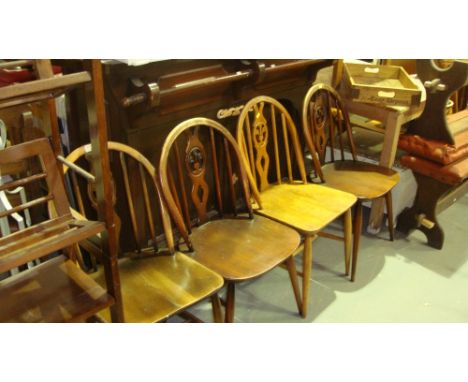 Set of vintage four Ercol Fleur De Lis back dining chairs & two victorian style hoop back ding chairs