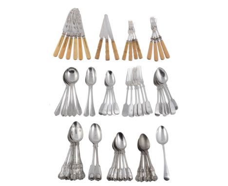 Various silver flatware,   all crested or initialled, comprising: two George II Hanoverian table spoons, London 1740; six so