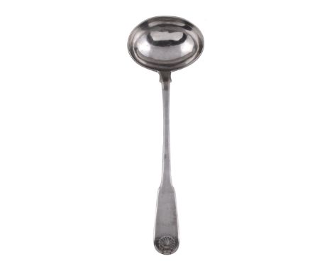  A late George III Scottish silver fiddle and shell pattern soup ladle by James McKay,   Edinburgh 1817,34cm (13 1/2in) long,