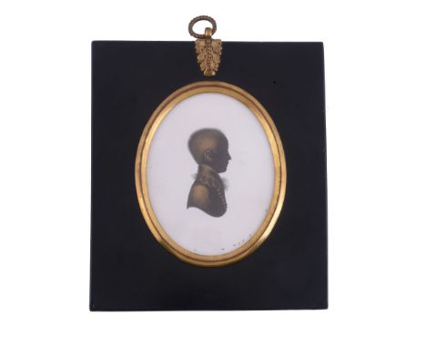  William Miers Silhouette portrait of a young boy to the right Painted on plaster and bronzed 8cm (3 1/8in) high, oval In a p