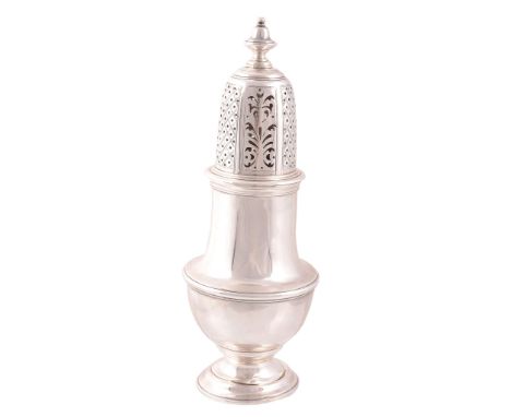  A silver baluster sugar caster by Goldsmiths  &  Silversmiths Co. Ltd.,   London 1913, with a bell finial to the pierced cov