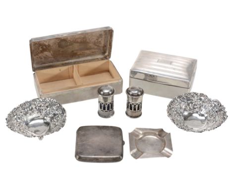  Two silver cigarette boxes,   Sheffield 1928 and Birmingham 1925; a cigarette case, Birmingham 1924; a pair of pierced cylin