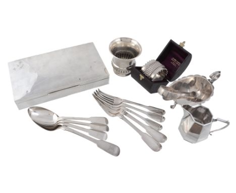  A collection of silver and silver mounted items,   comprising: a rectangular cigarette box, possibly Indian colonial, marks 