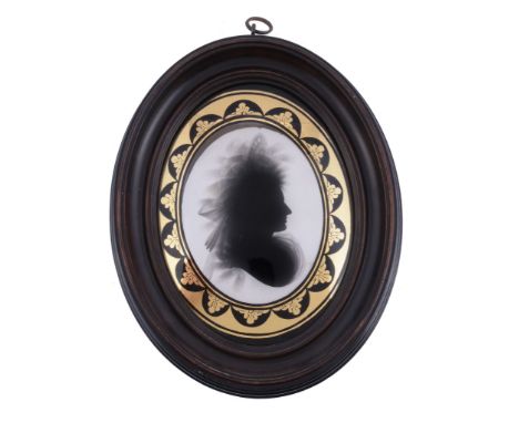  Attributed to John Miers Silhouette portrait of a lady to the right Painted on plaster 9cm (3 1/2in) high, oval In a pearwoo