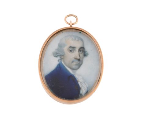  Richard Crosse (1742-1810) Portrait of a middle aged gentleman, in a blue coat  3.2cm x 2.4cm, oval In a plain oval frame 