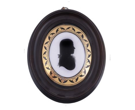  Attributed to John Miers Silhouette portrait of a gentleman to the right Painted on plaster 8.7cm (3 1/2in) high, oval In a 