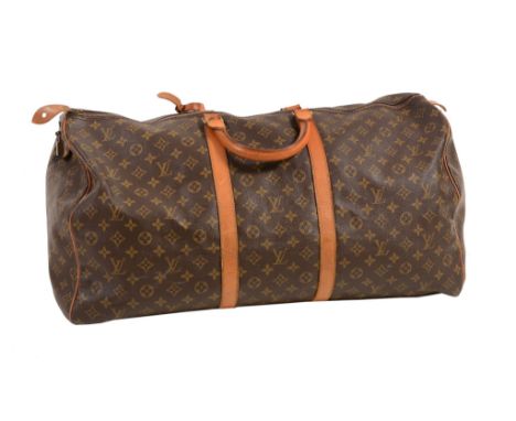  Louis Vuitton, Keepall, a large brown cotton and leather weekender bag,   with all-over logo print, lock, two keys and round