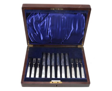  A set of six silver and mother of pearl handled fruit knives and forks by Charles James Allen,   Sheffield 1928, in a mahoga