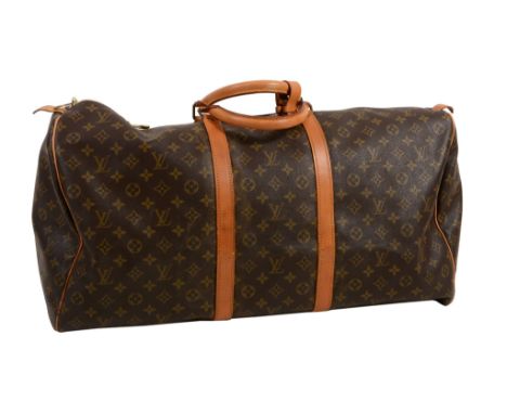  Louis Vuitton, Keepall, a large brown canvas and leather weekender bag  , with all over logo print, with round top leather h