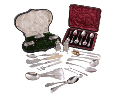  A silver cruet set, cutlery and flatware,   including: an oblong baluster five piece cruet set by James Deakin  &  Sons, Che