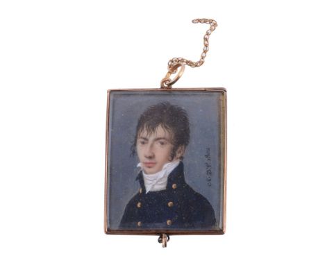  French school (1802),   a portrait of a young gentleman of fashion, signed   ADV   and dated   1802  , 3.2cm x 2.6cm, in a g
