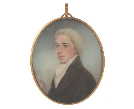  Charles Sherriff (b. circa 1750) Portrait of a gentleman in a brown coat Watercolour on ivory Signed and dated 1798 verso 7.