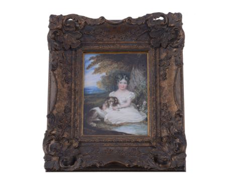  English school (circa 1840),   a portrait of a girl seated with her King Charles spaniel in a landscape, 13.3cm x 10.3cm, in