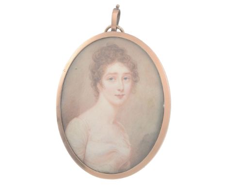  Diana Hill (fl. 1775-1844) Portrait of a lady, in a plain white dress Watercolour on ivory Dated 1787 lower right Later labe