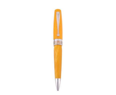  A Montegrappa,   a yellow celluloid ball point pen, the barrel and cap with yellow celluloid, with a silver coloured cap ban