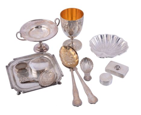  A collection of silver and silver coloured boxes and other small silver,   including: a Victorian engraved goblet by John Sa