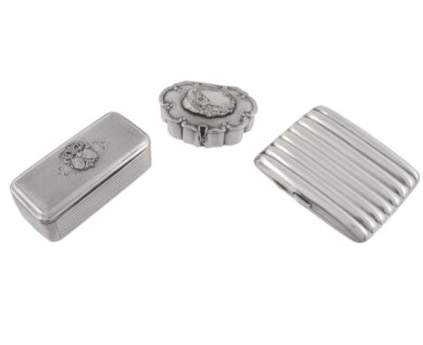  Three silver boxes,   comprising: a French oblong snuff or tobacco example, 1840-1879 large article export mark, applied wit