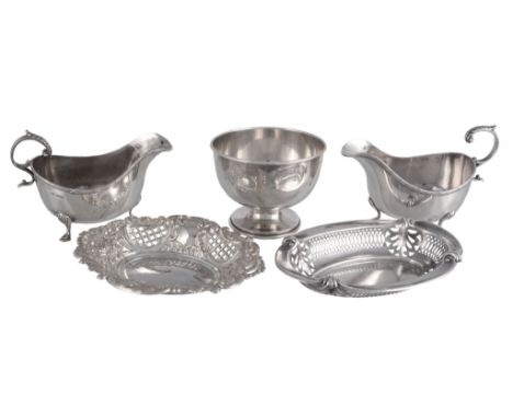  A pair of silver oval sauce boats by Walker  &  Hall,   Sheffield 1926; two sweet baskets, by A. Chick  &  Sons Ltd, London 