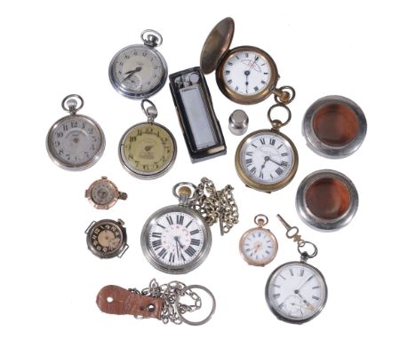  A collection of pocket watches,   to include: T. R. Russell, a white alloy open face military pocket watch, no. 430538, leve