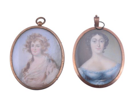  English provincial school,   circa 1810, a portrait of a young lady in a blue dress, 6.7cm x 5.7cm, oval, the frame reverse 