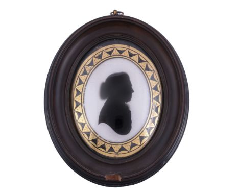  Attributed to John Miers Silhouette portrait of a gentleman to the right Painted on plaster 8.7cm (3 1/2in) high, oval In a 