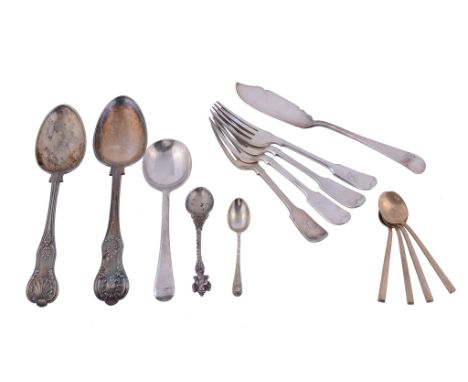 A collection of silver flatware,   to include: five George IV fiddle pattern dessert spoons by William Esterbrook, London 18