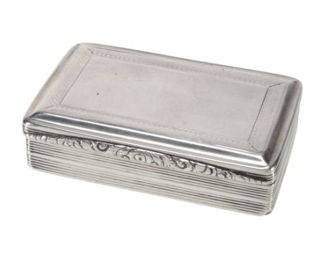  A William IV silver rectangular tobacco or snuff box by Nathaniel Mills,   Birmingham 1837, with a shaped scroll foliate thu