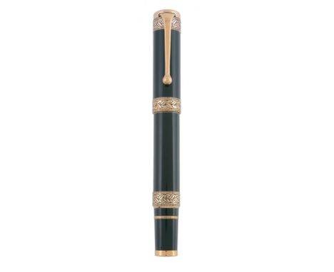  Aurora, Dante Alighieri, a limited edition the fountain pen,   no.0283/1919, the green resin cap and barrel with engraved tr