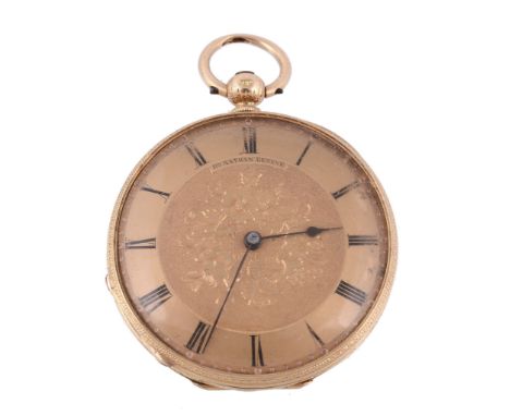  H. Nathan, an 18 carat gold open face pocket watch,   no. 8002, Swiss cylinder lever movement, gold dial, engraved with flor