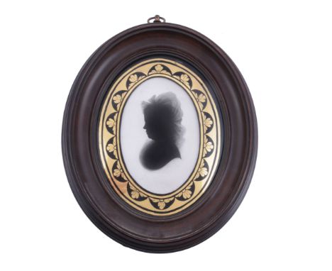  John Miers (British, circa 1758-1821) Silhouette portrait of a lady to the left Painted on plaster 9cm (3 1/2in) high, oval 