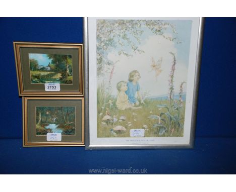 Two miniature Oil paintings of a cottage in Somerset and a woodland scene with water together with a Print of a child amongst
