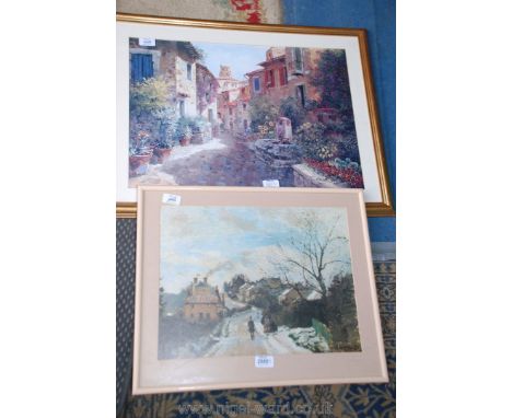 A Camille Pissarro print 'Lower Norwood under Snow', a Continental Village' signed Vincent