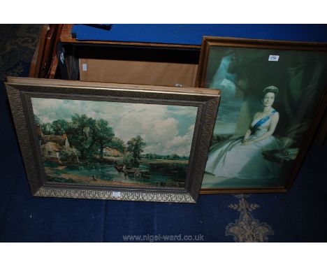 A large framed print of H.M Queen Elizabeth II from the original painting by John R. Townsend, along with a Constable print.