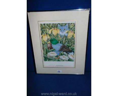 A print of Mallard and Cats, by Helen Mortley, 157/200.