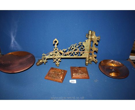 A small quantity of  Brass and copper including two square copper wall plaques of African animals, bowl and a brass light bra