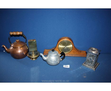 A quantity of metal items including Swan aluminium teapot, oak barometer, copper kettle etc