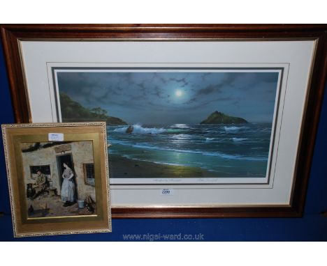 A framed Print by Peter Cosslett 'Meadfoot by Moonlight'' and a small Oil painting with figures outside cottage by E.T. Gurne