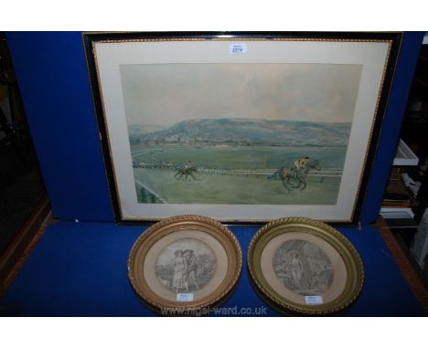 A Lionel Edwards horse racing Print and two oval framed Prints, one of a couple with sheep, the other figures in kitchen