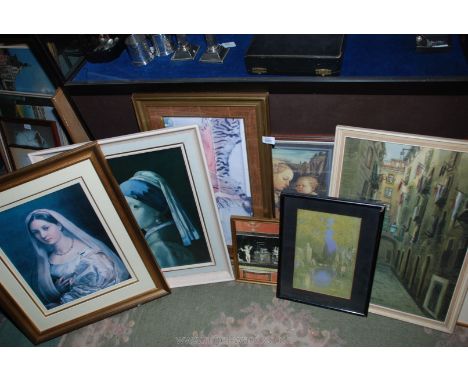A quantity of prints including Girl with a Pearl Ear-ring, Madonna Col Babino e due Angeli, river scene with Swans, G. Molina