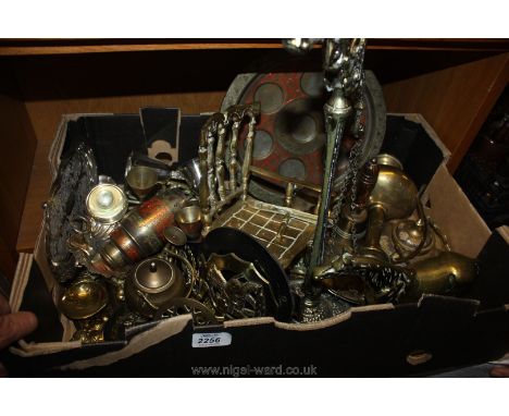 A quantity of mixed metals including horse brasses, scales, hand bell, rocking chair (a/f), tray with goblets and cocktail sh