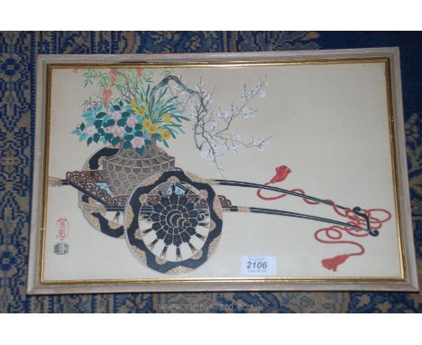 A Kinu Takeshita woodblock Print of a spring flower cart.