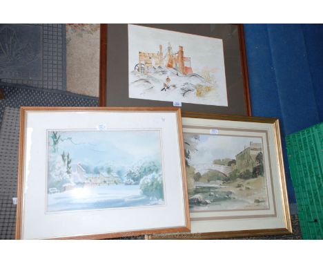 A Hamish Miller watercolour of a Mining scene and a framed and mounted print of a bridge over a river by J. Fletcher-Watson.