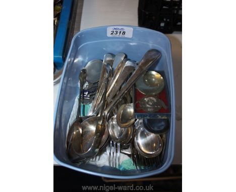 A Tub of Good Quality Cutlery T/W Caddy Spoons & Sugar Tongs.