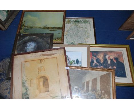 A quantity of pictures including Watercolour depicting the front of a building, charcoal study of a woman, watercolour of a v