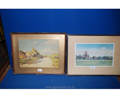A framed Print of a cricket match by E. Mundo-King and an Edward Print ''Warren Hill on a Summer's evening''