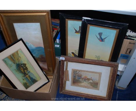 A quantity of pictures including Watercolour of Hinton Brackley by R.T. Wilding, Roy Gregory Print, pictures of birds, etc.
