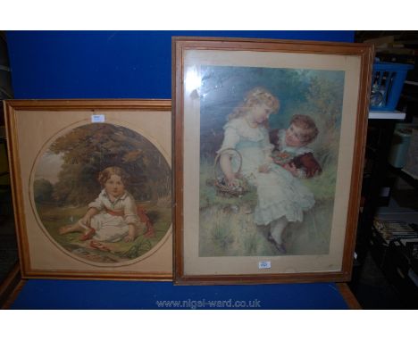 An oval mounted Pears style Print of young girl sat by stream and a Pears Print entitled 'Sweethearts'