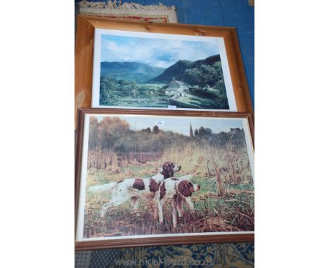 A large framed print of a farmstead with sheep and rugged mountains in the distance along with a framed hunting dog print 'Se