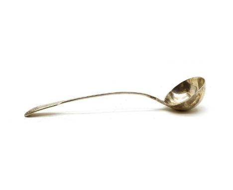 A Victorian silver fiddle thread and shell pattern ladle, marks rubbed, London,1844,10.3ozt, 34.5cm overallCondition report: 